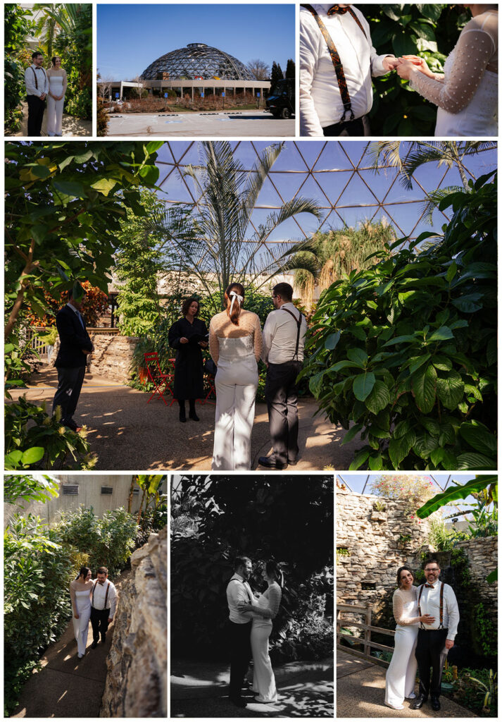 Photos of a winter elopement at the Botanical Garden in Des Moines, Iowa with a modern jumpsuit.