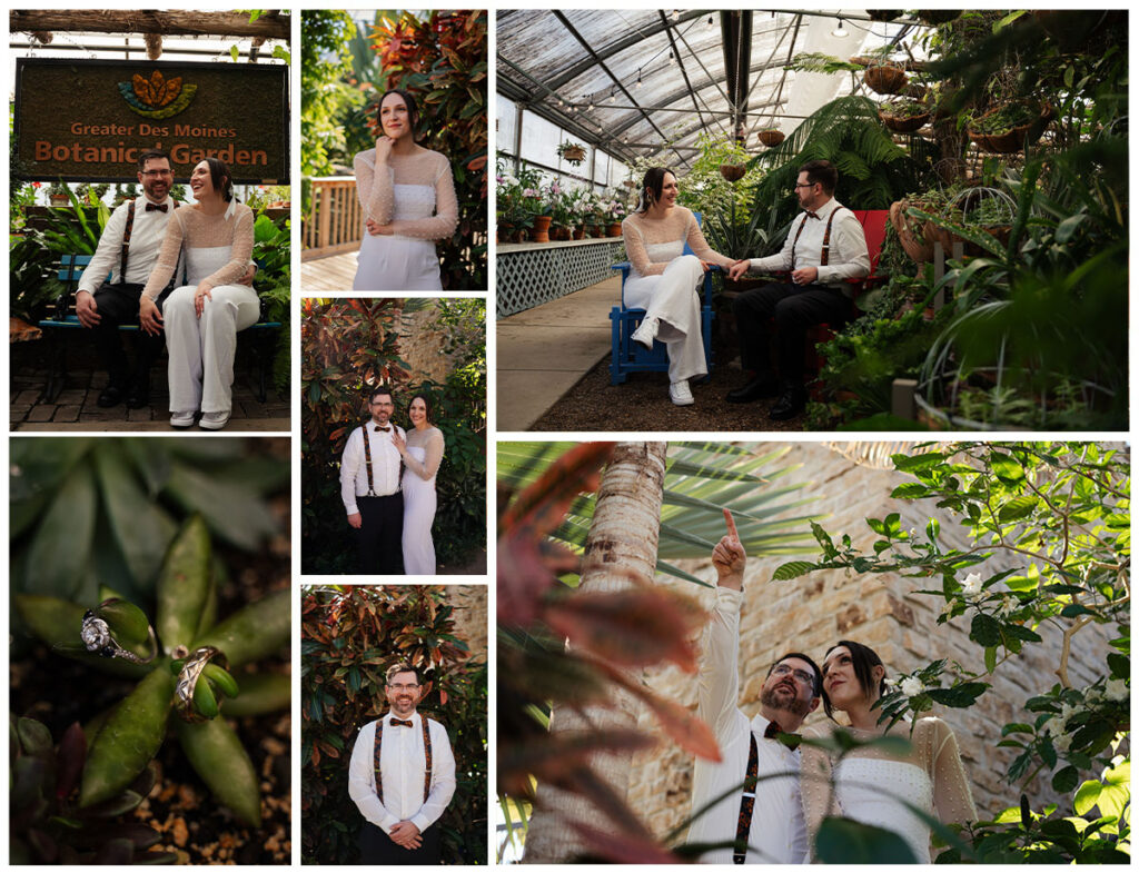 Photos of a winter elopement at the Botanical Garden in Des Moines, Iowa with a modern jumpsuit.