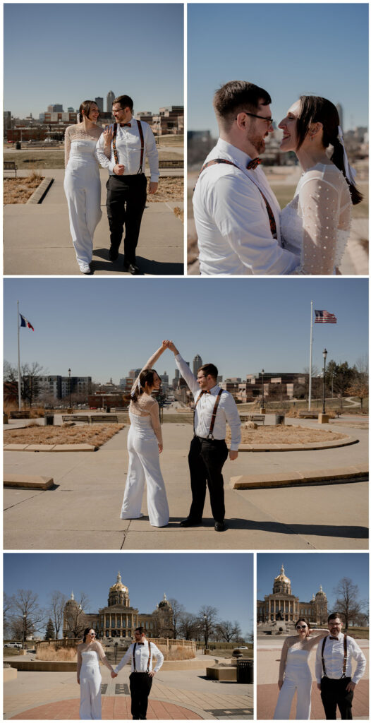 Photo of a winter elopement in downtown Des Moines, Iowa with a modern jumpsuit.