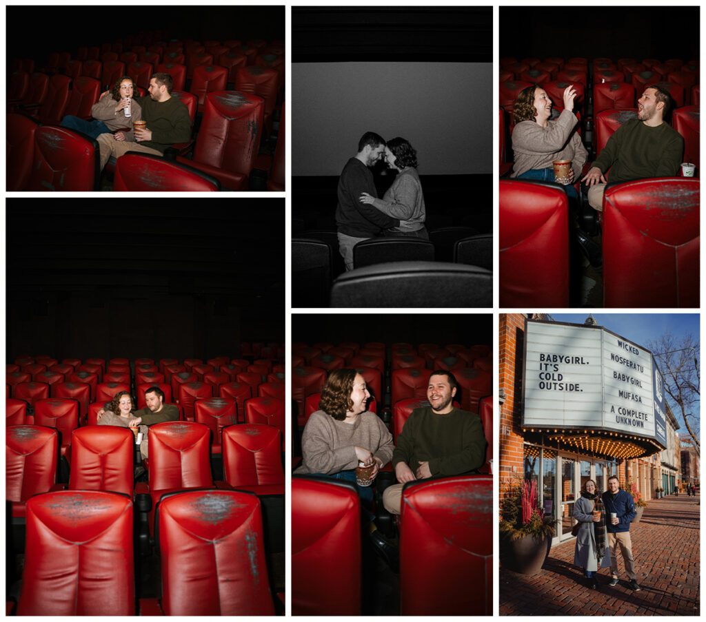 Cozy winter engagement photos at the Main Cinema in Minneapolis, Minnesota