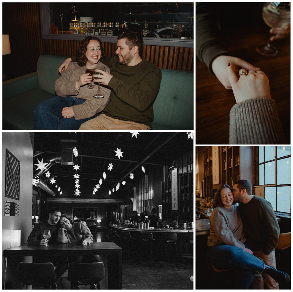 Cozy winter engagement photos at the Elusive by Dashfire in Minneapolis, Minnesota