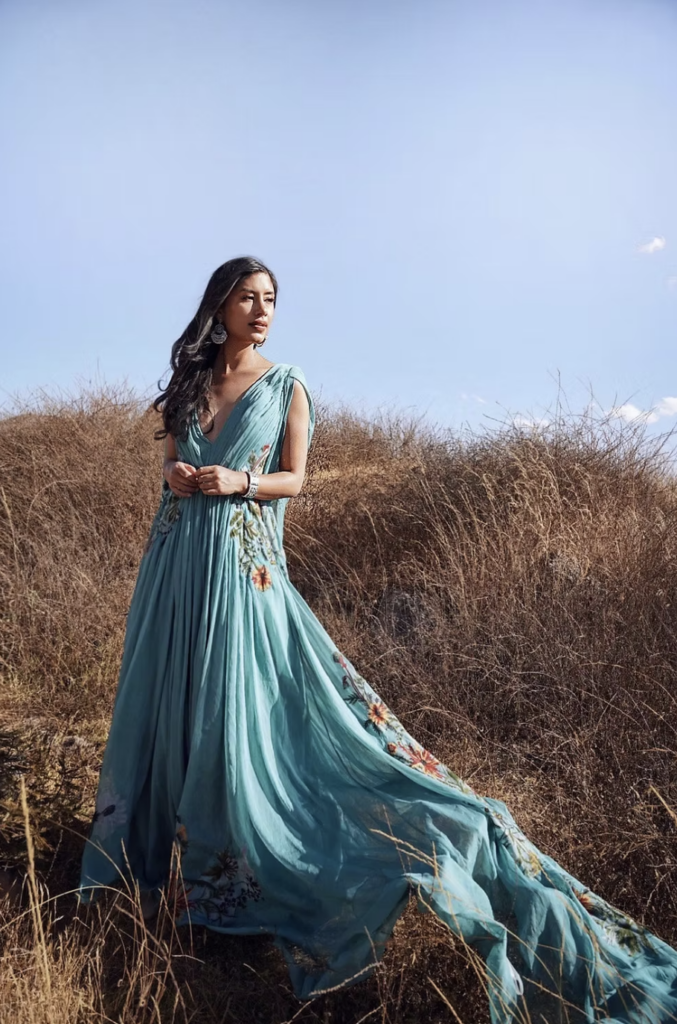 Non-white wedding dress by designer Flora and Lane.