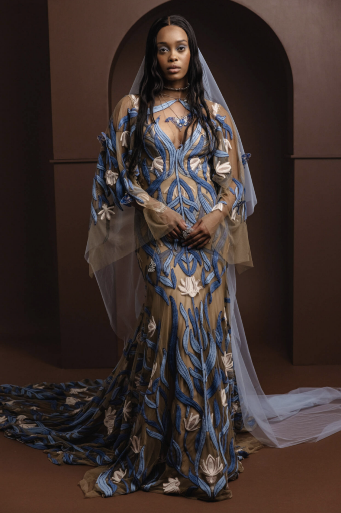 Non-white wedding dress featuring blue embroidered gown by Rue de Seine