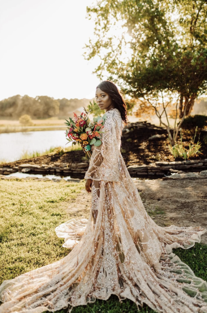 Non-white wedding dress featuring gold flapper dress by Sew Romantic Designs