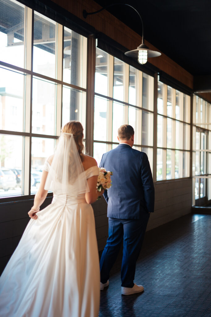 Couple's first look at their Depot Minneapolis wedding