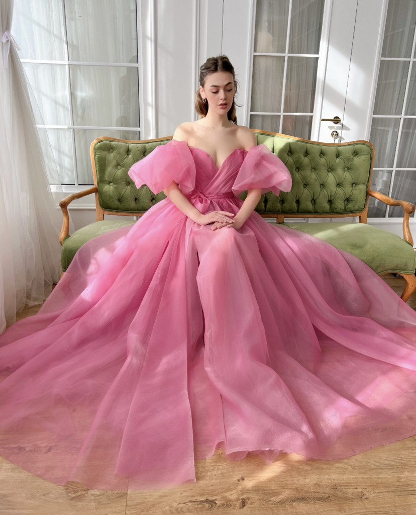 Non-white wedding dress featuring Azalea Organza gown by Teuta Matoshi