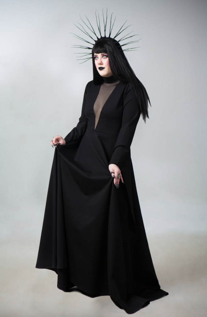Non-white wedding dress featuring black gown by KMK Designs