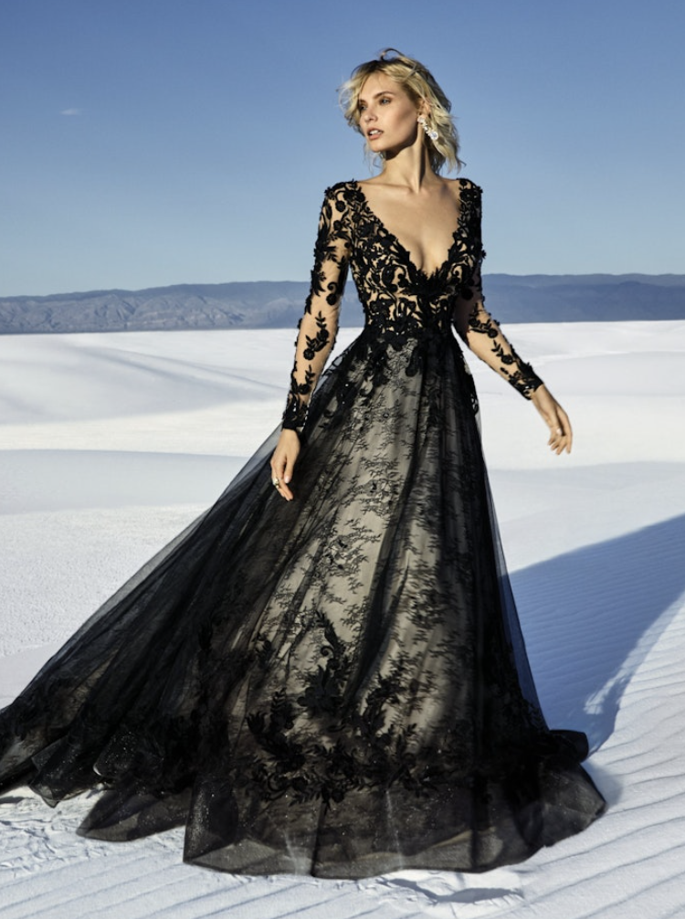 Non-white wedding dress featuring black gown by Maggie Sottero