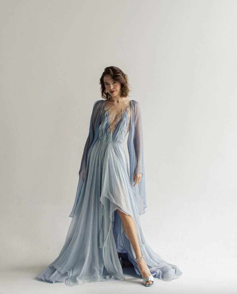 Non-white wedding dress featuring light blue chiffon dress by MYWONY