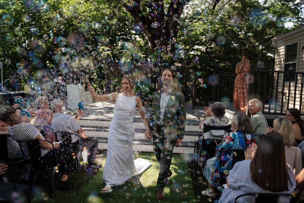 Backyard wedding in Saint Paul, Minnesota, featuring a bubble exit