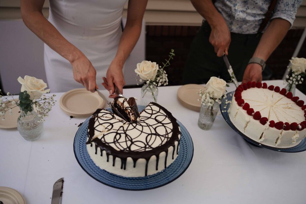 Backyard wedding in Saint Paul, Minnesota featuring cake from Cafe Latte
