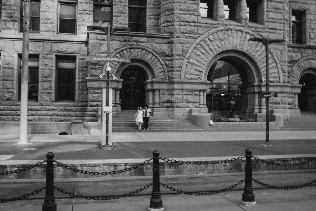 Elopement couple on the steps of Minneapolis City Hall