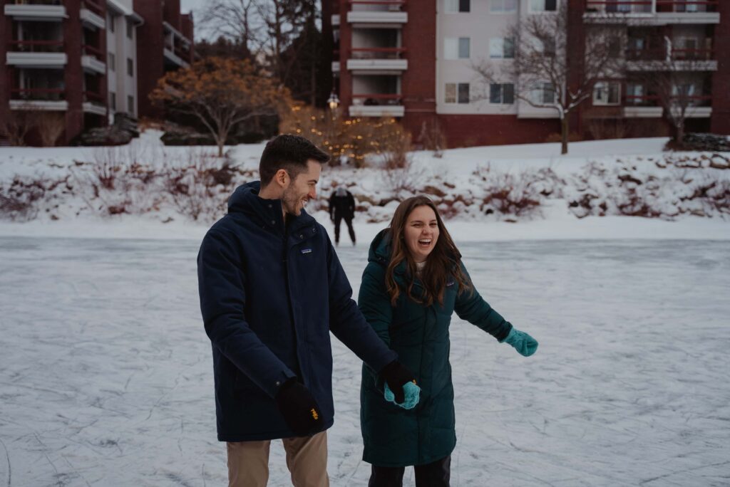 Ice skating engagement session at Centennial Lakes, in Edina, Minnesota
