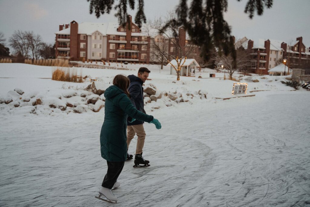 Winter ice skating engagement photos in Minneapolis