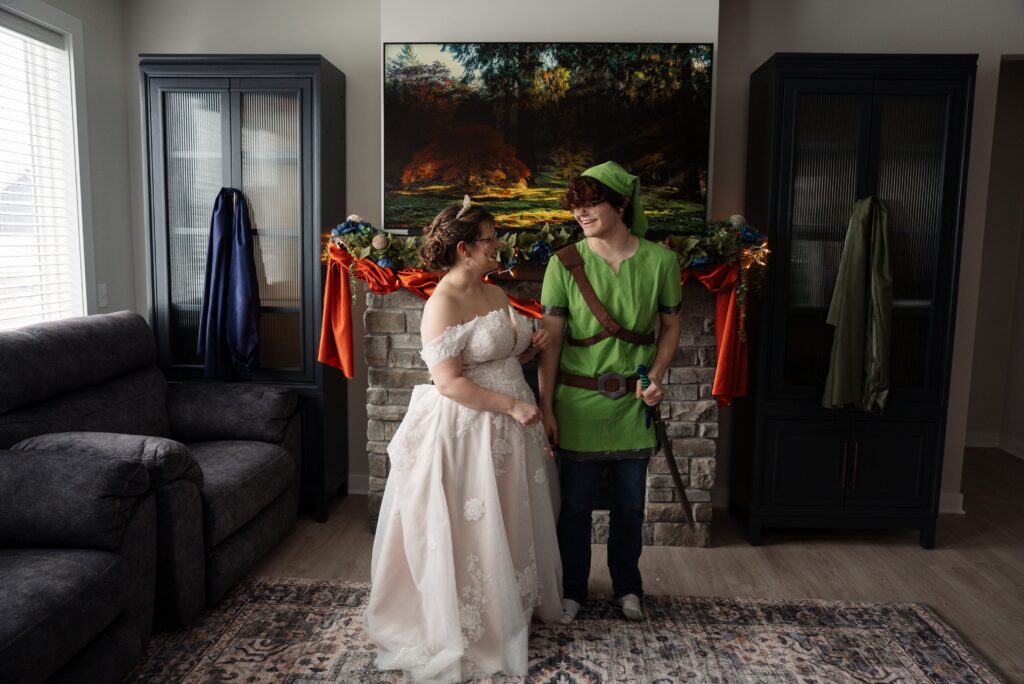 Bride and brother dressed as Link in this fantasy themed queer micro-wedding in Minnesota.
